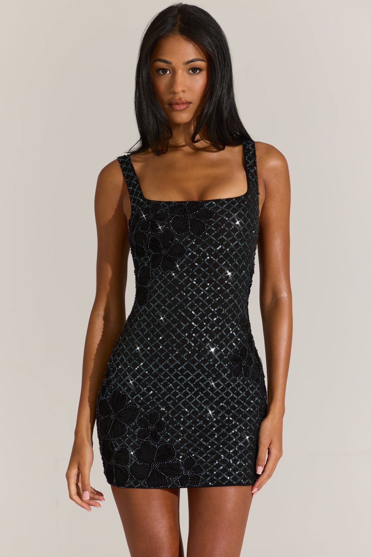Chic Embellished Square-Neck Mini Dress in Black