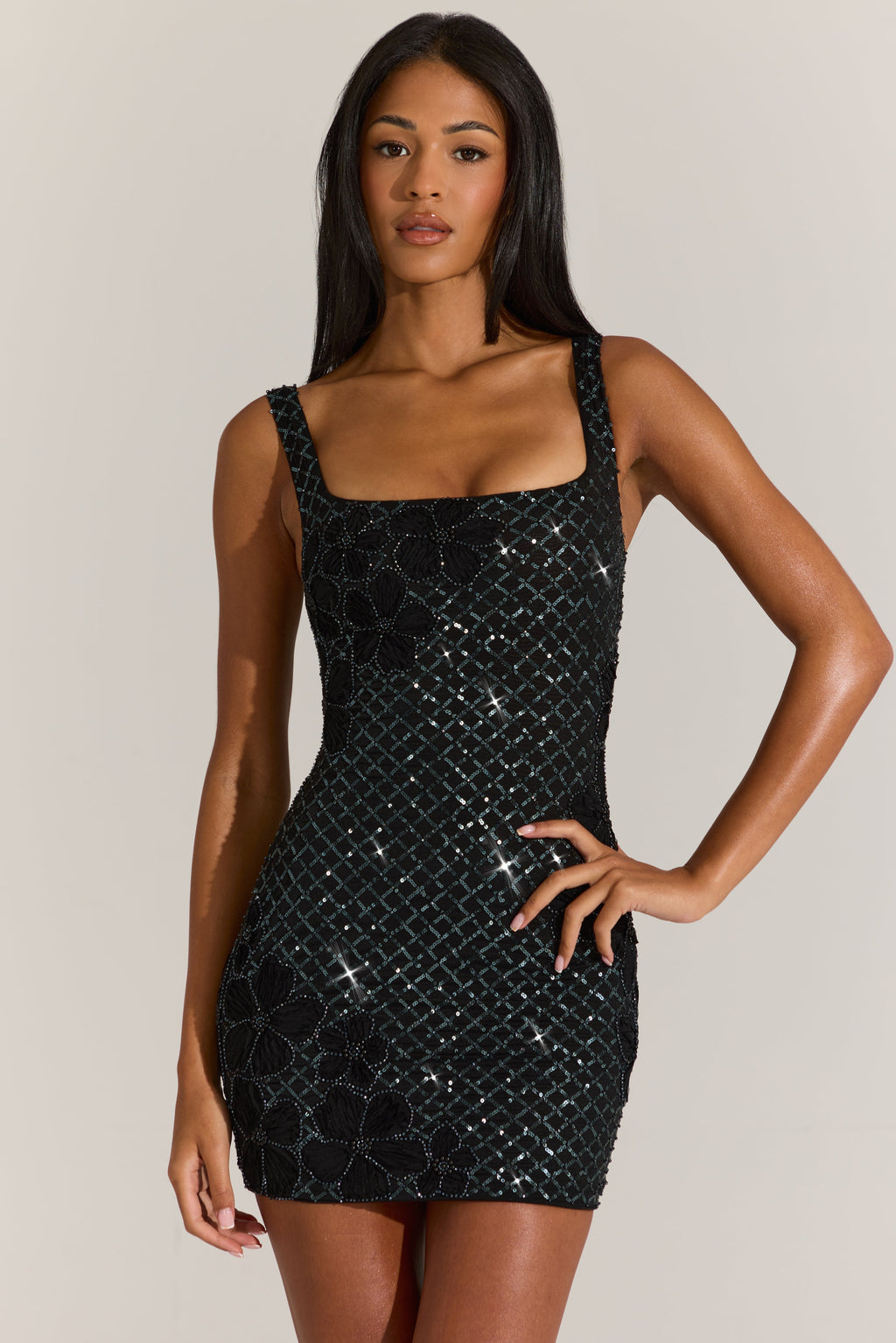 Chic Embellished Square-Neck Mini Dress in Black