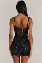 Chic Embellished Square-Neck Mini Dress in Black