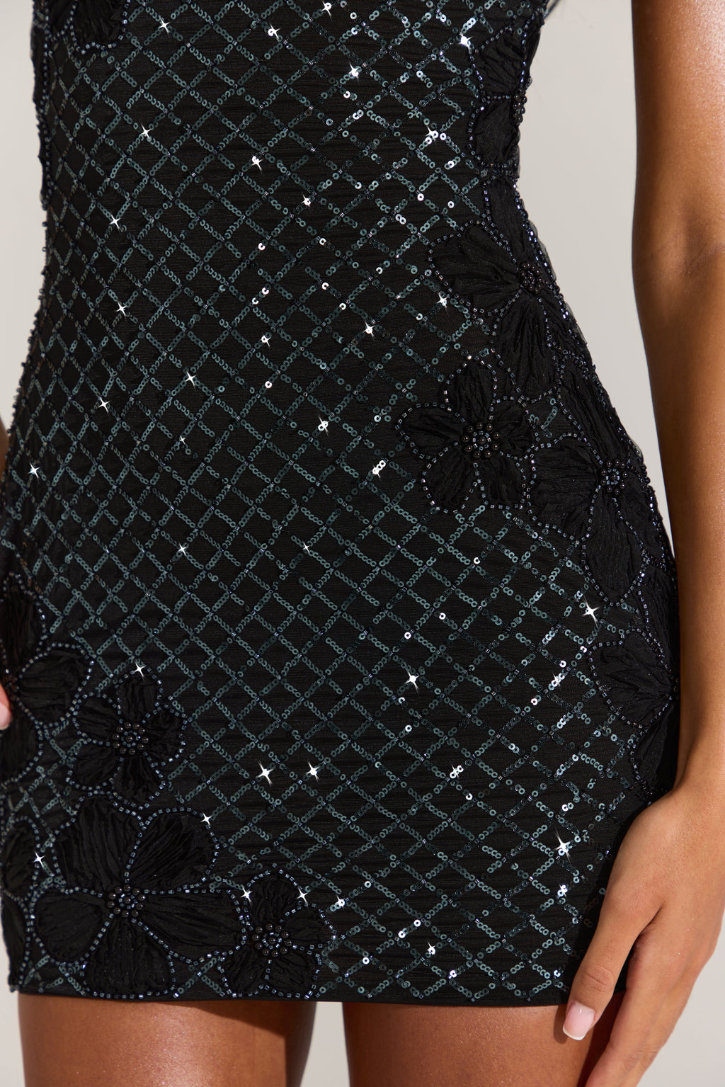 Chic Embellished Square-Neck Mini Dress in Black