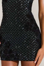 Chic Embellished Square-Neck Mini Dress in Black