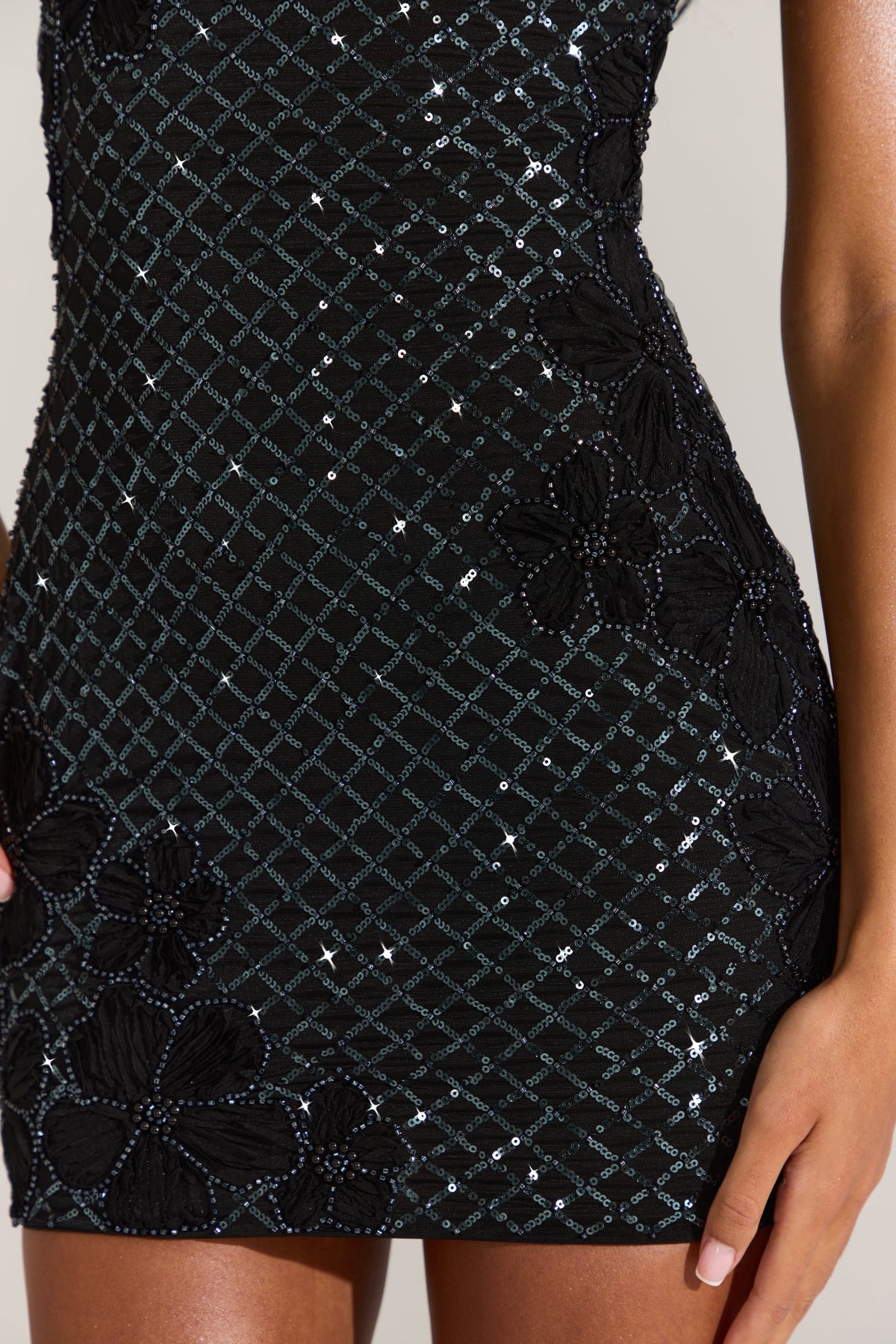 Chic Embellished Square-Neck Mini Dress in Black