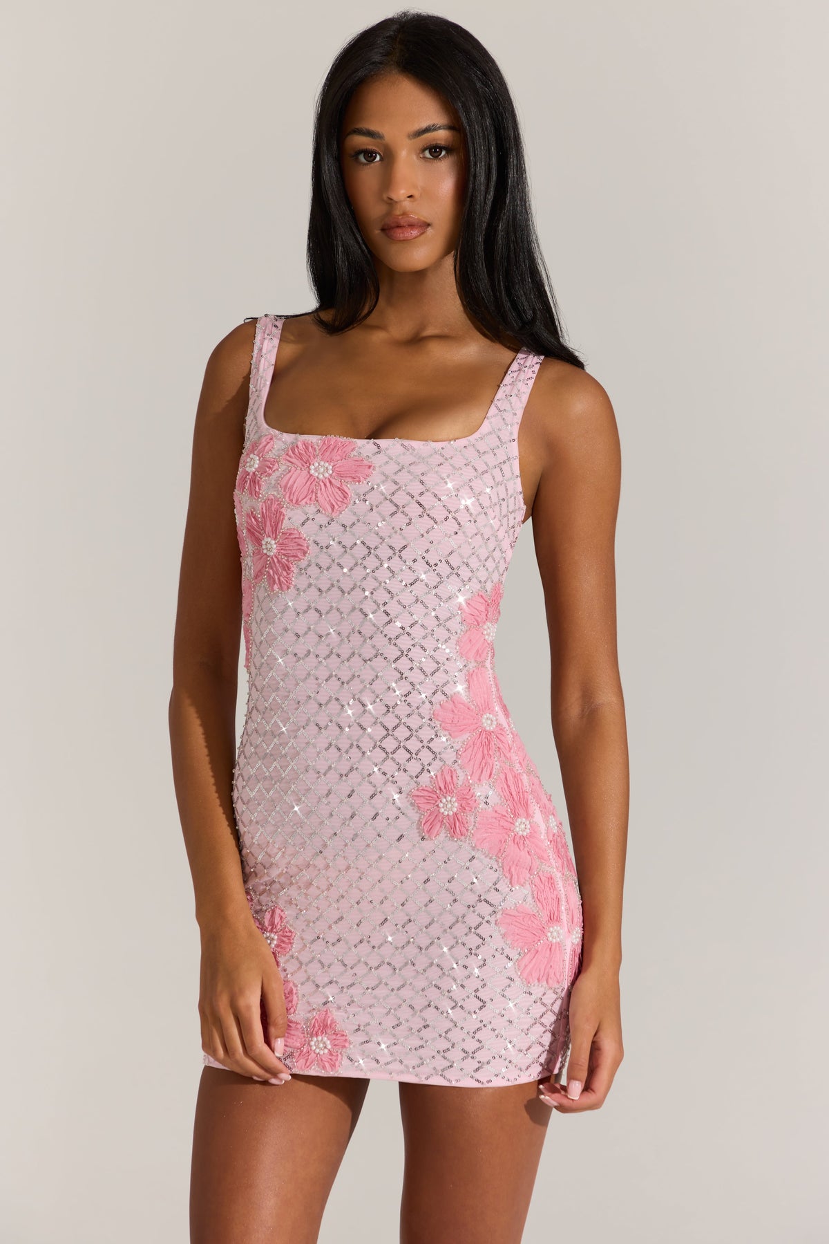 Chic Embellished Square-Neck Mini Dress in Blossom Pink