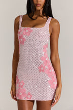 Chic Embellished Square-Neck Mini Dress in Blossom Pink
