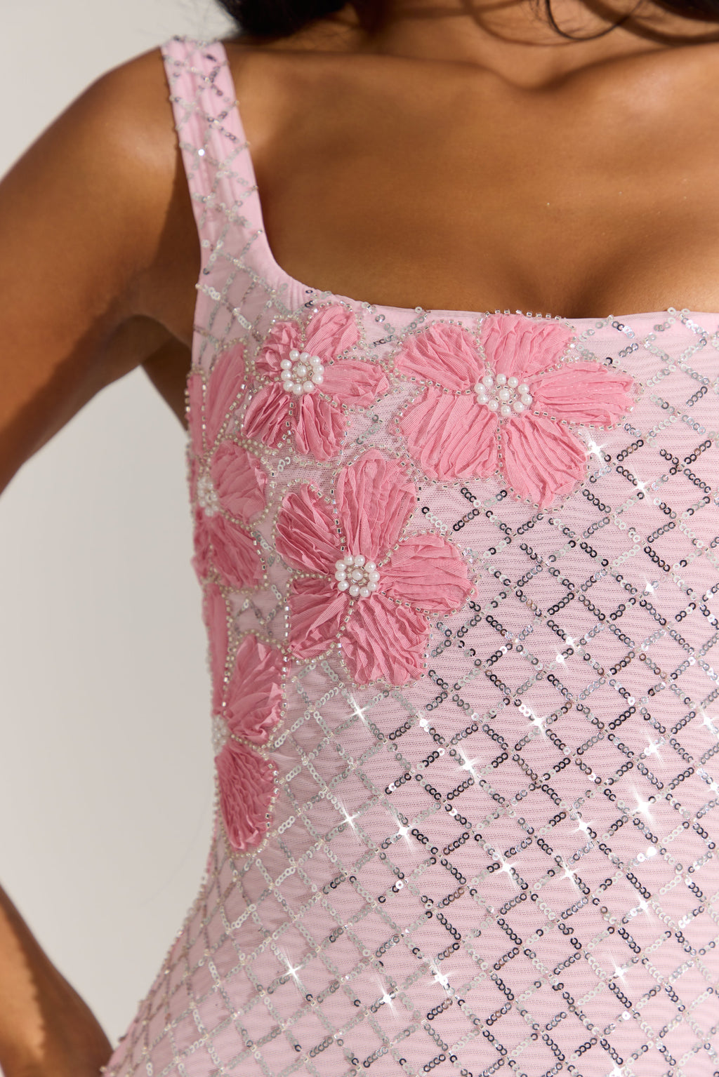 Chic Embellished Square-Neck Mini Dress in Blossom Pink