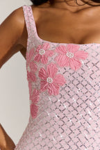 Chic Embellished Square-Neck Mini Dress in Blossom Pink