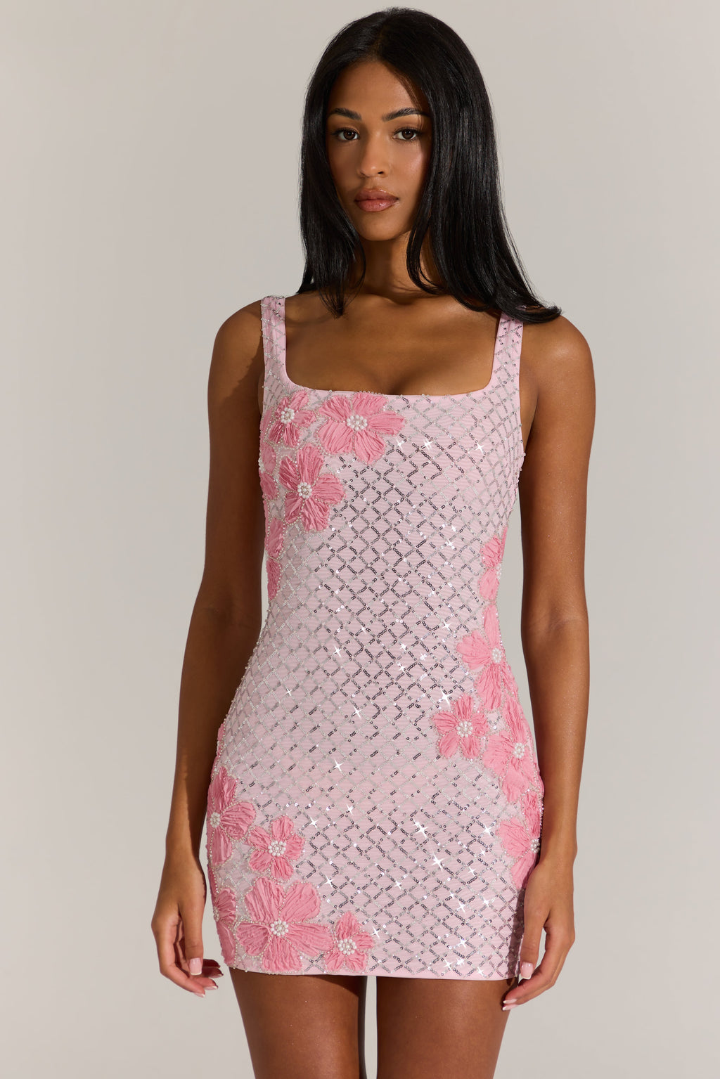 Chic Embellished Square-Neck Mini Dress in Blossom Pink
