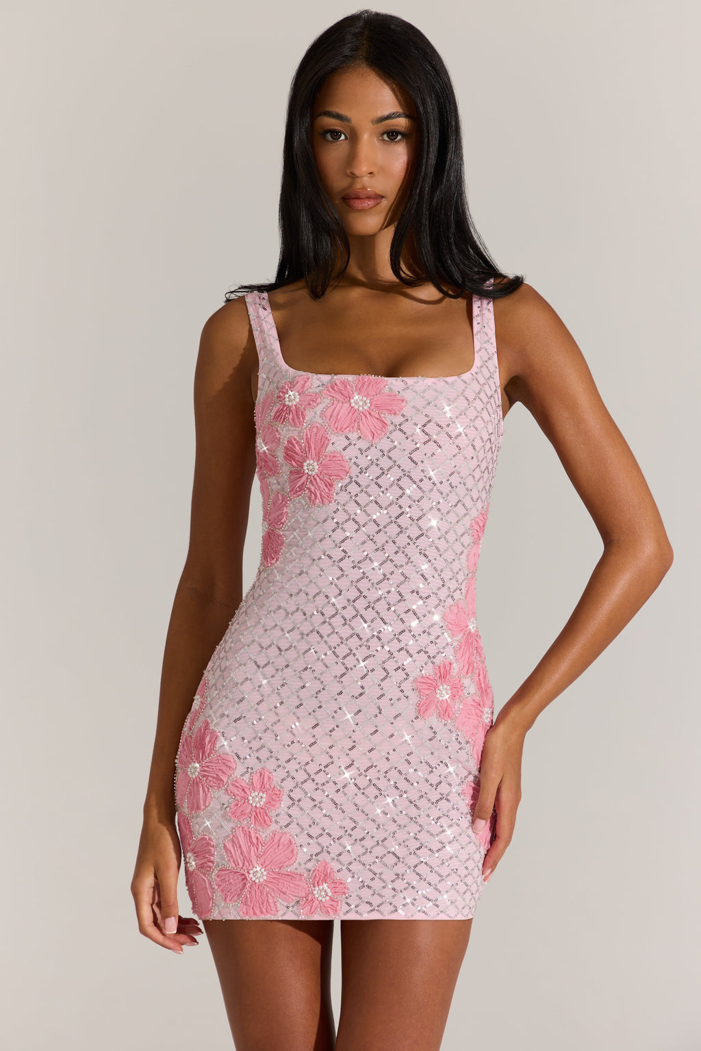 Chic Embellished Square-Neck Mini Dress in Blossom Pink