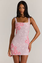 Chic Embellished Square-Neck Mini Dress in Blossom Pink