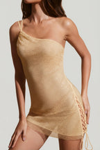 Chic Embellished Asymmetric Ultra Mini Dress in Gold