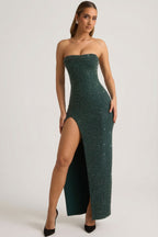 Chic Embellished Strapless Cowl-Neck Maxi Dress in Emerald Green