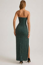 Chic Embellished Strapless Cowl-Neck Maxi Dress in Emerald Green
