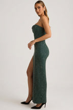 Chic Embellished Strapless Cowl-Neck Maxi Dress in Emerald Green