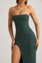 Chic Embellished Strapless Cowl-Neck Maxi Dress in Emerald Green