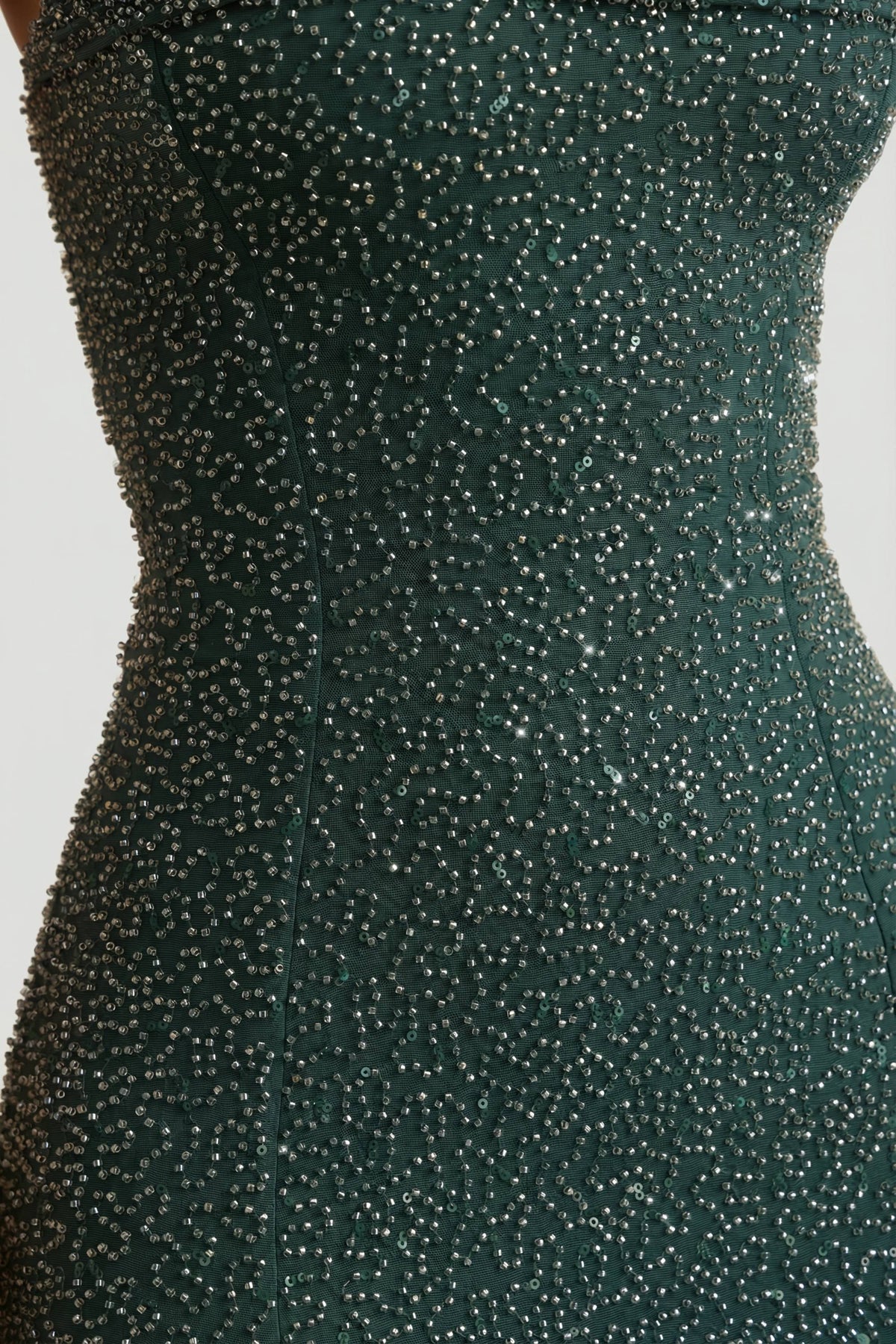 Chic Embellished Strapless Cowl-Neck Maxi Dress in Emerald Green