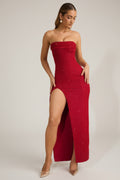 Chic Embellished Strapless Cowl-Neck Maxi Dress in Rouge