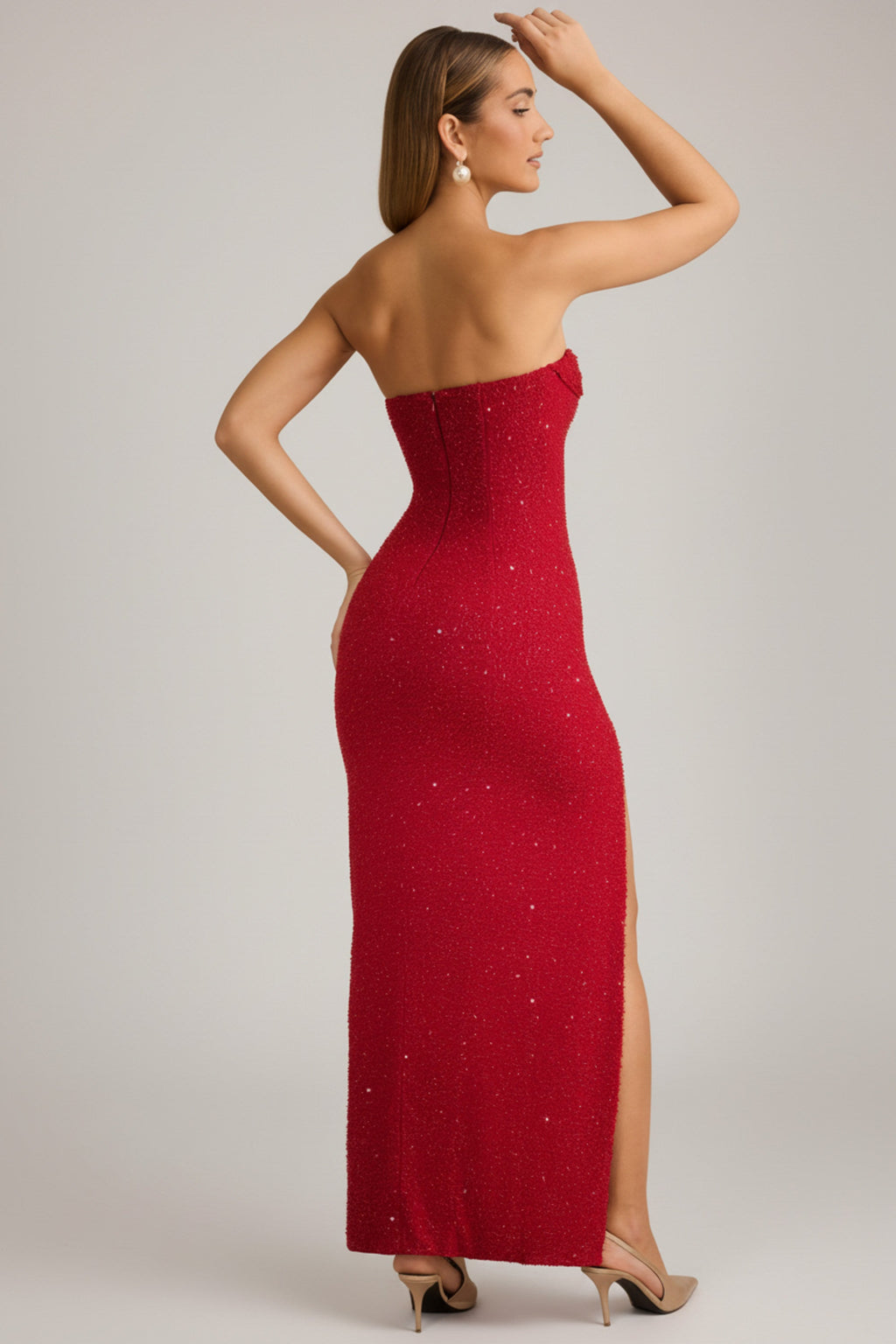 Chic Embellished Strapless Cowl-Neck Maxi Dress in Rouge