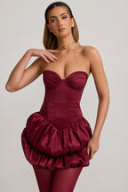 Chic Satin Bubble Hem Corset Mini Dress in Wine Red