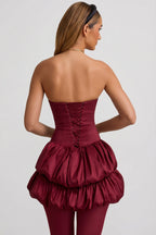 Chic Satin Bubble Hem Corset Mini Dress in Wine Red