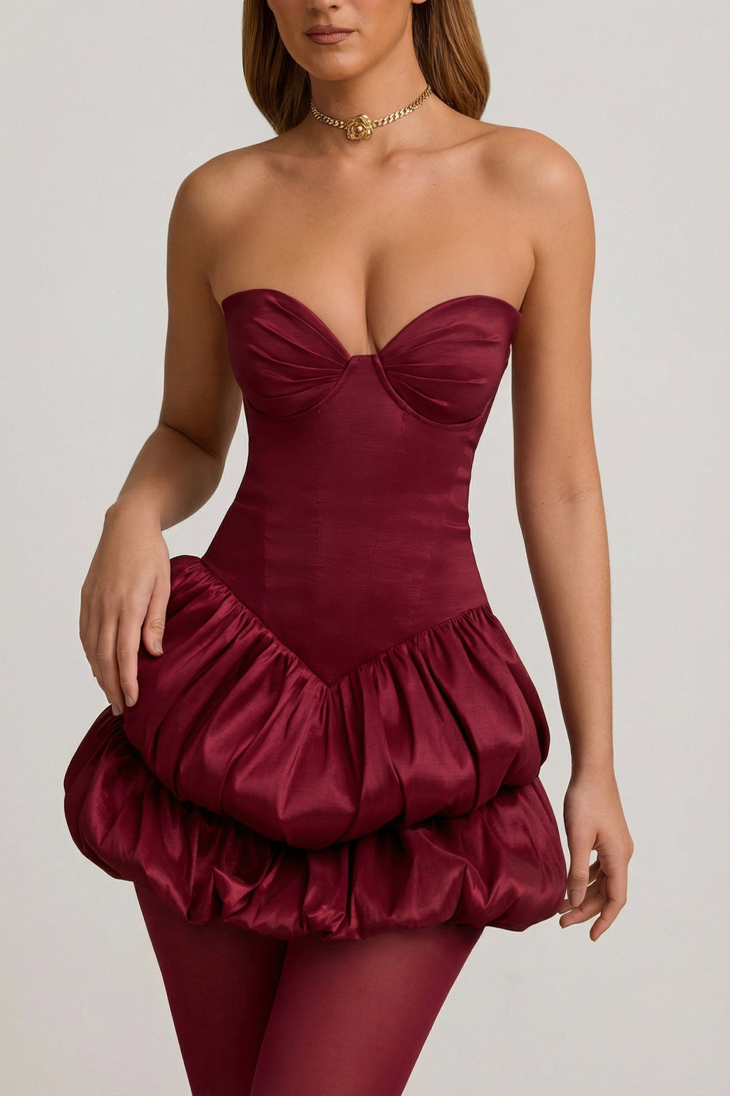 Chic Satin Bubble Hem Corset Mini Dress in Wine Red