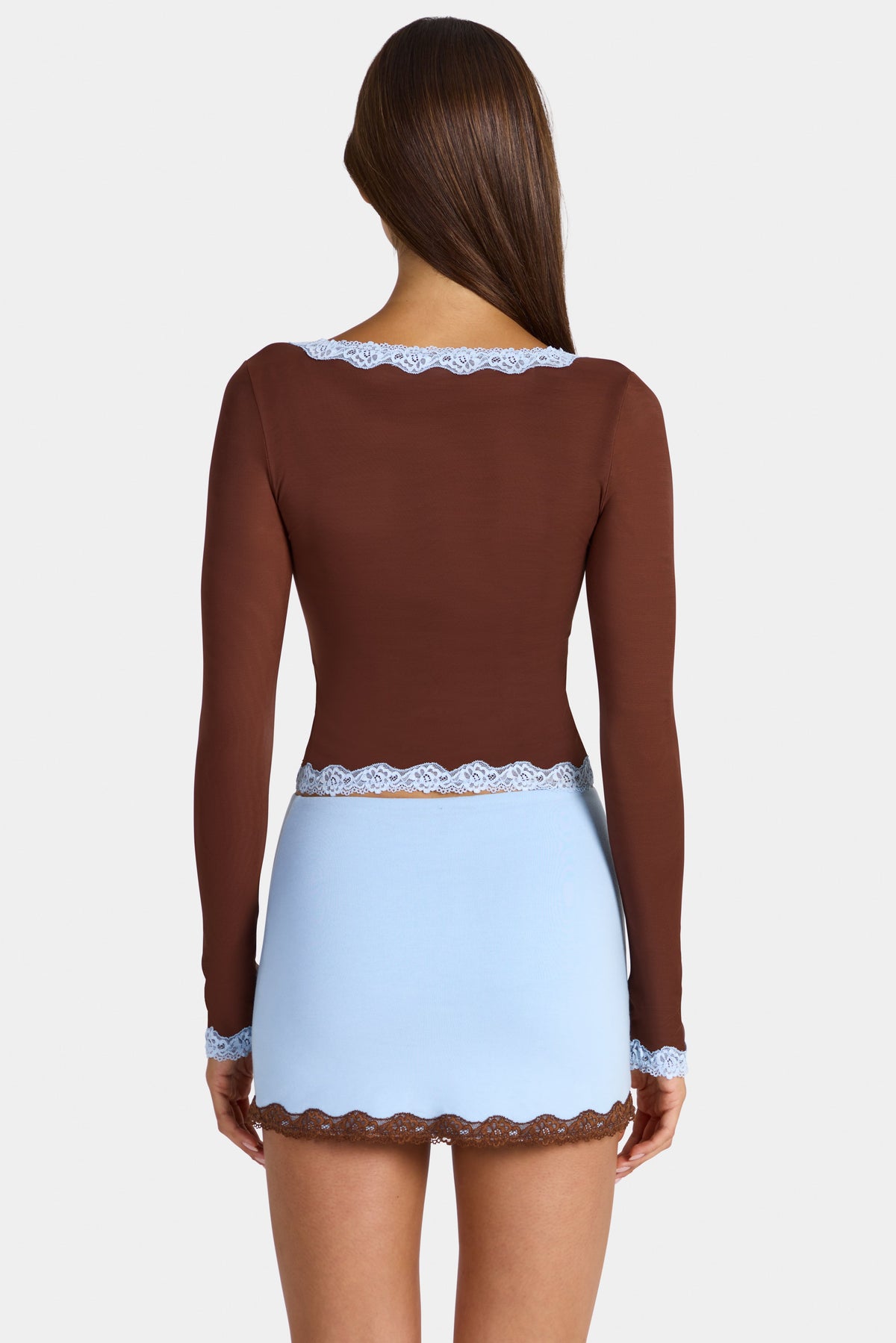 Chic Lace-Trim Cropped Cardigan in Cocoa Brown