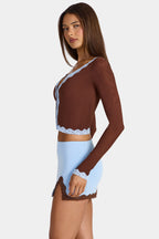Chic Lace-Trim Cropped Cardigan in Cocoa Brown