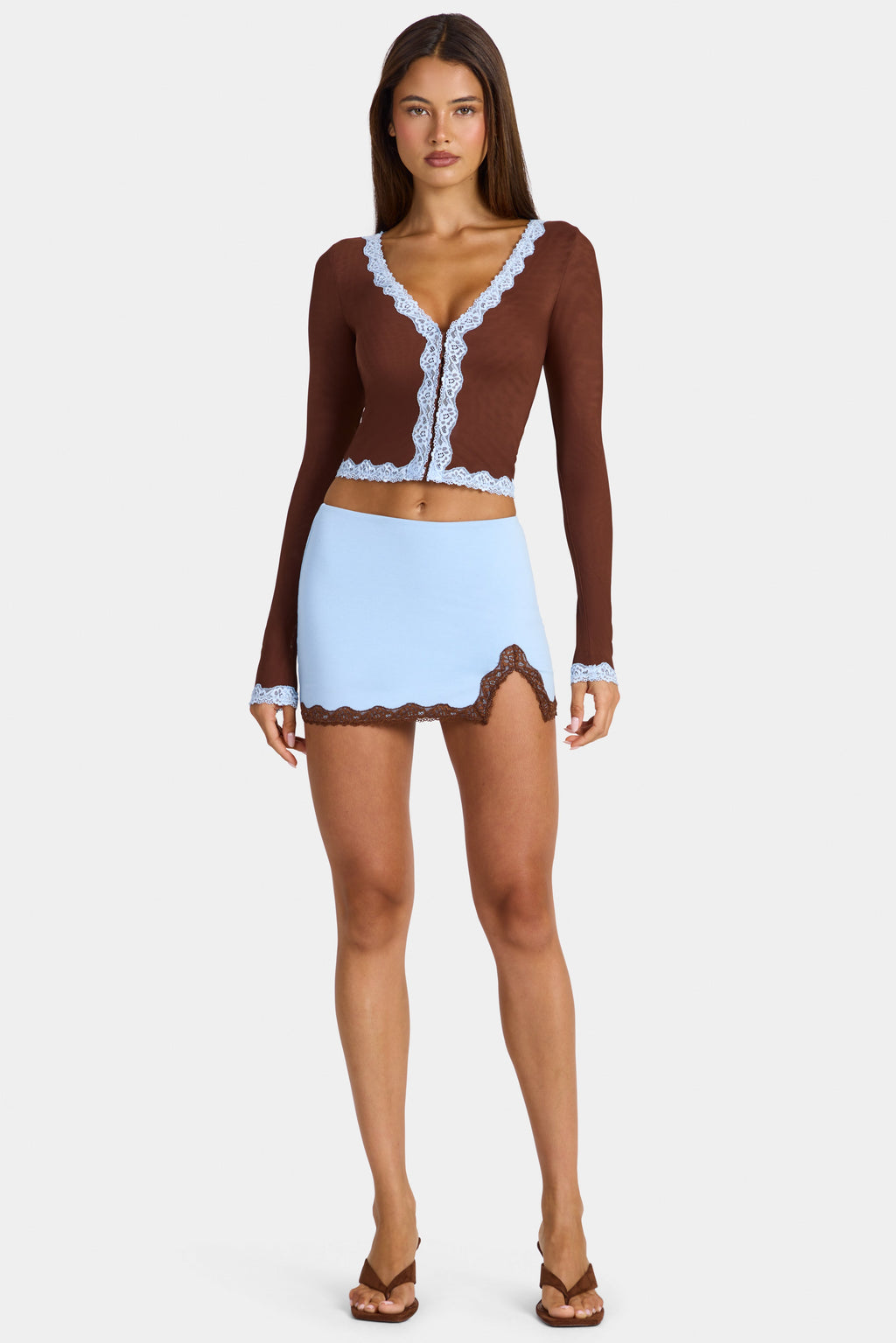 Chic Lace-Trim Cropped Cardigan in Cocoa Brown