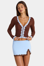 Chic Lace-Trim Cropped Cardigan in Cocoa Brown