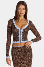 Chic Lace-Trim Cropped Cardigan in Leopard