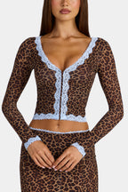 Chic Lace-Trim Cropped Cardigan in Leopard