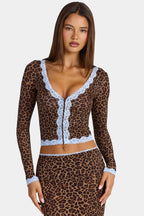 Chic Lace-Trim Cropped Cardigan in Leopard