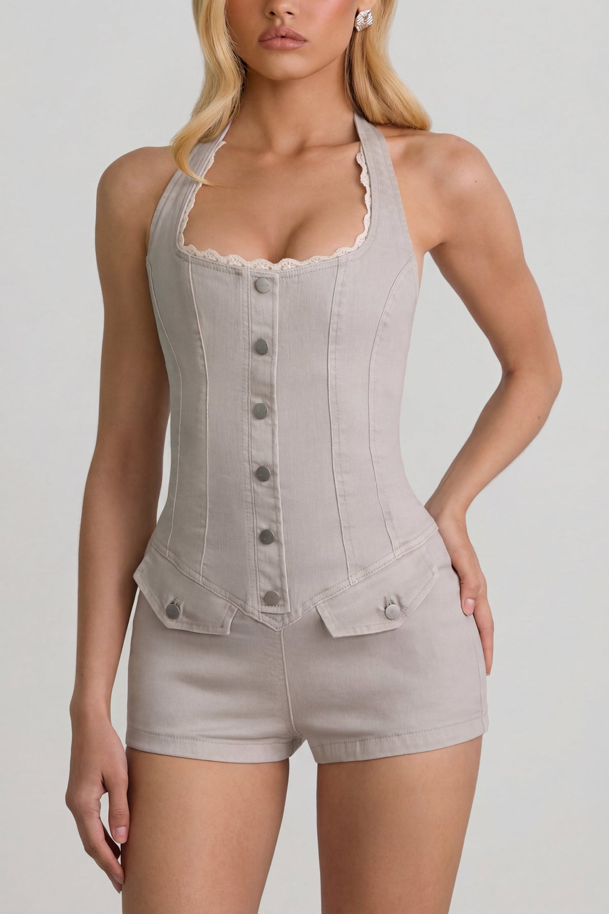 Chic Button-Down Halterneck Playsuit in Ecru