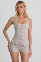 Chic Button-Down Halterneck Playsuit in Ecru