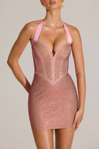 Chic Embellished Halterneck Mini Dress in Blossom Pink