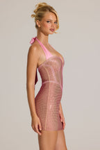 Chic Embellished Halterneck Mini Dress in Blossom Pink