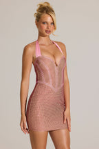 Chic Embellished Halterneck Mini Dress in Blossom Pink