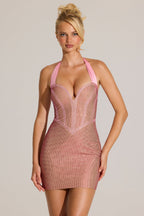 Chic Embellished Halterneck Mini Dress in Blossom Pink