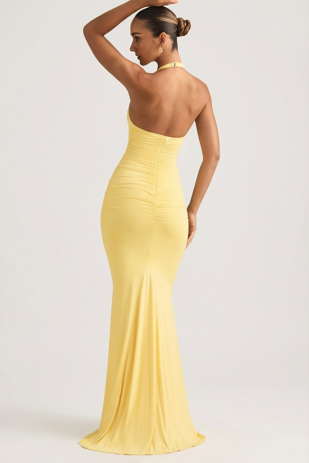 Chic Ruched Backless Halterneck Gown in Pastel Yellow
