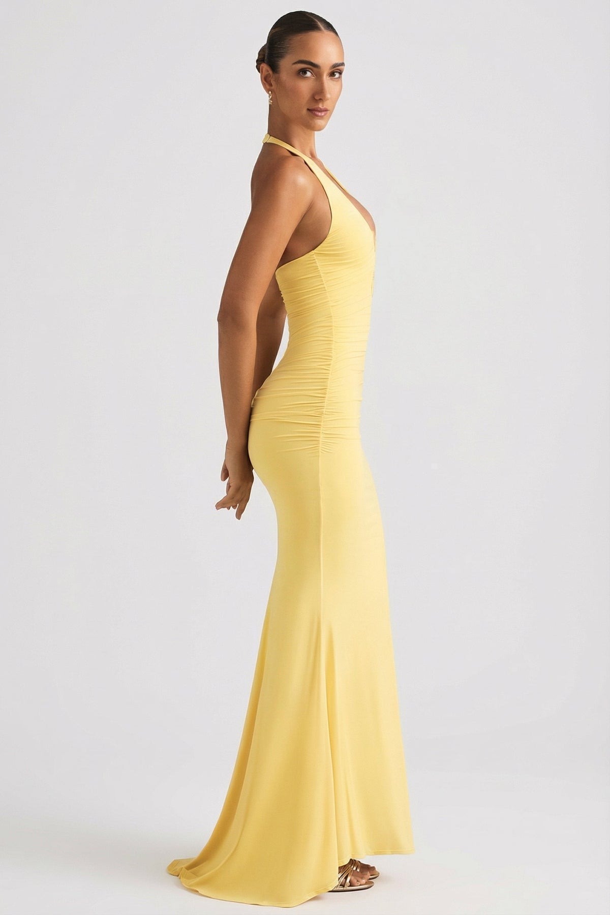 Chic Ruched Backless Halterneck Gown in Pastel Yellow