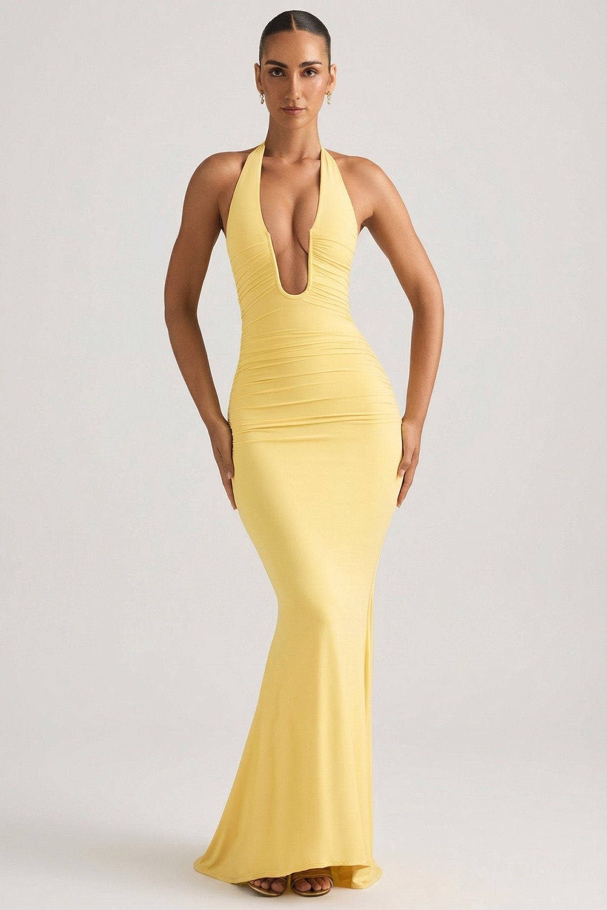 Chic Ruched Backless Halterneck Gown in Pastel Yellow