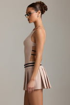 Chic Belted Backless Pleated Mini Dress in Mushroom