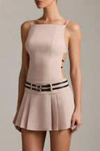 Chic Belted Backless Pleated Mini Dress in Mushroom