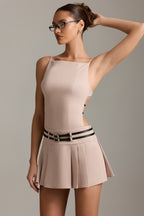 Chic Belted Backless Pleated Mini Dress in Mushroom