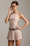 Chic Belted Backless Pleated Mini Dress in Mushroom