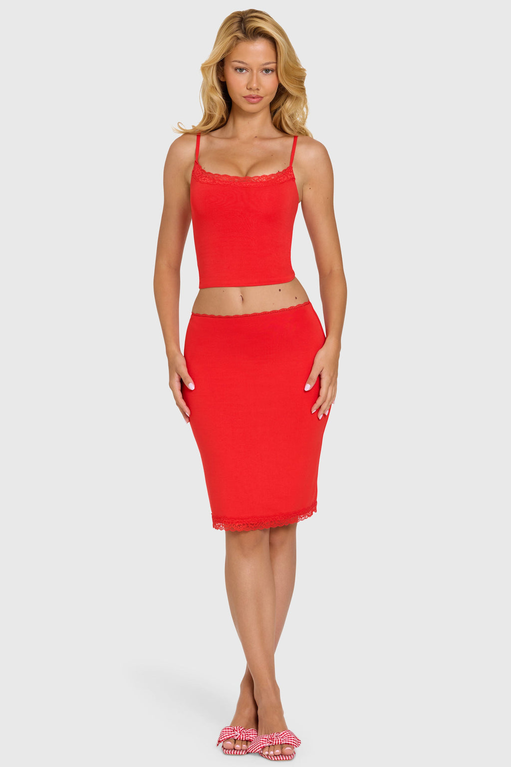 Chic Modal Lace-Trim Midi Skirt in Cherry