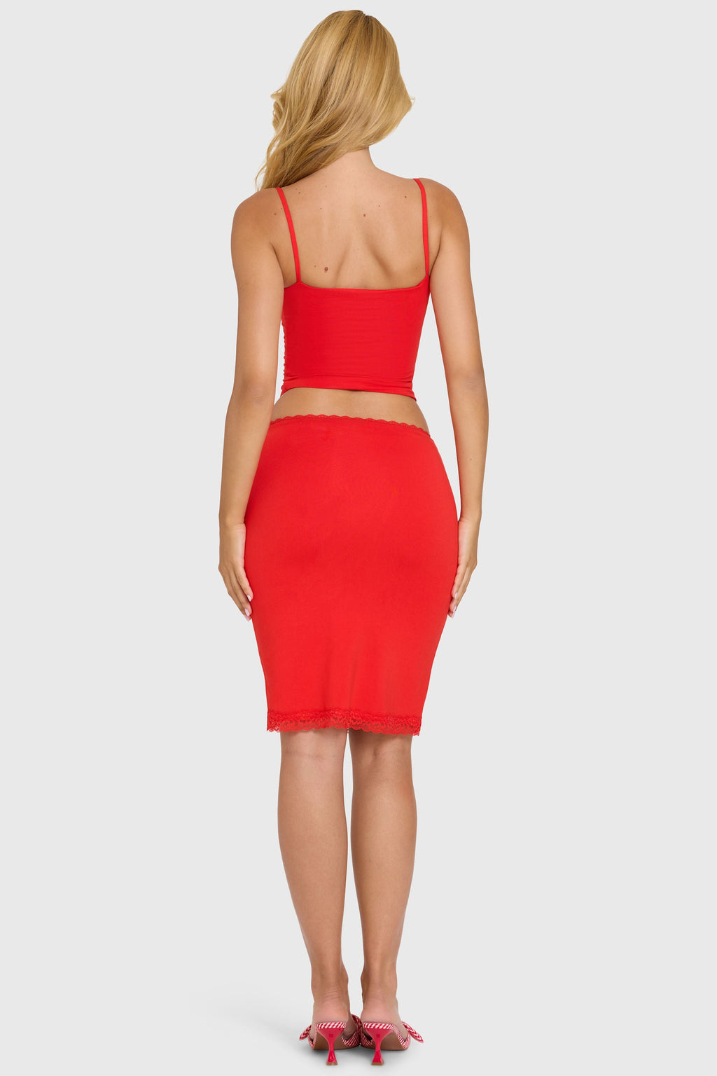 Chic Modal Lace-Trim Midi Skirt in Cherry