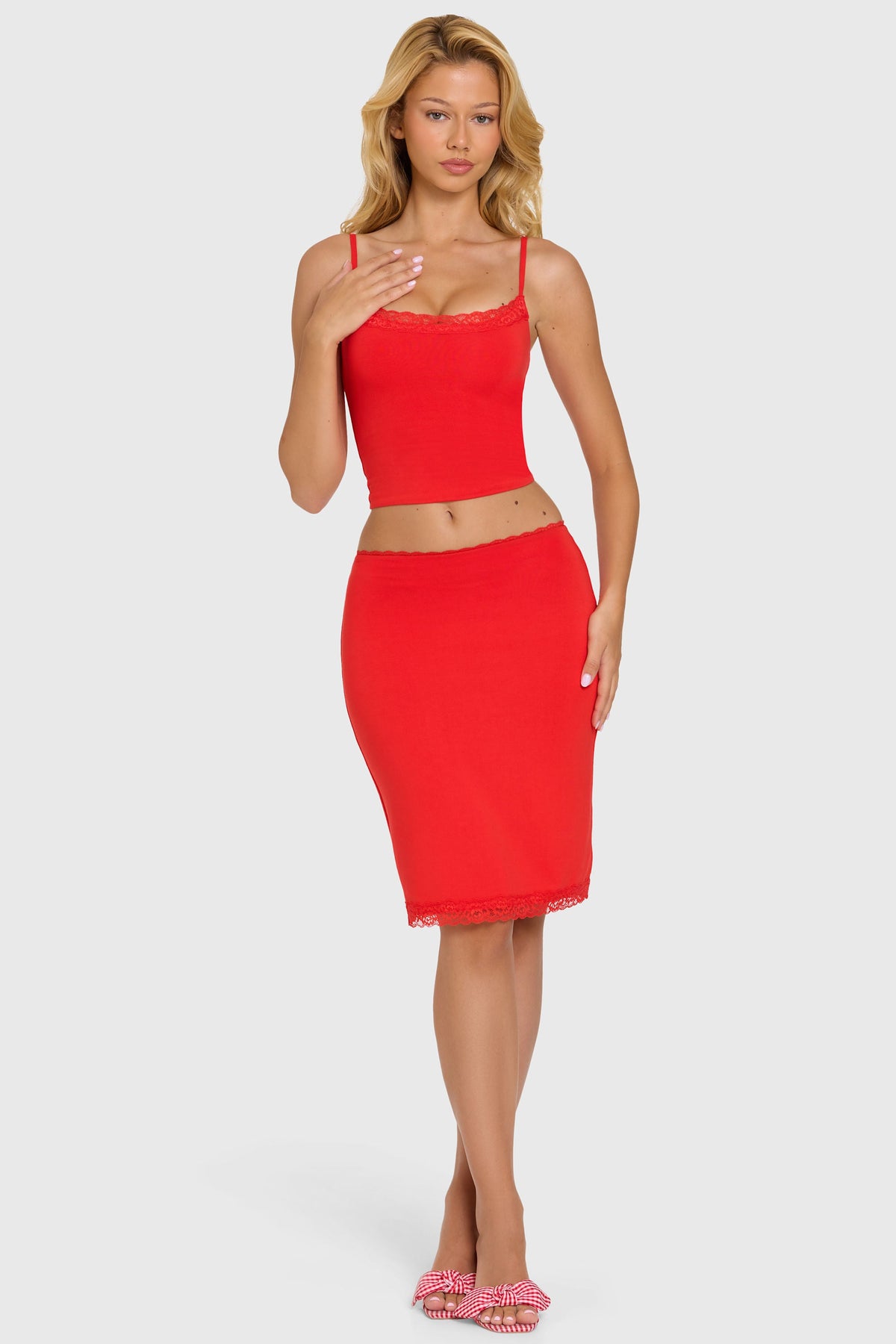 Chic Modal Lace-Trim Midi Skirt in Cherry