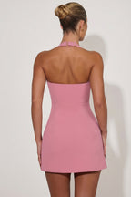 Chic Heart-Detail Halterneck A-Line Mini Dress in Dusty Pink