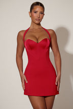 Chic Heart-Detail Halterneck A-Line Mini Dress in Red