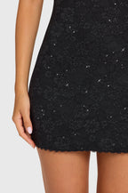 Chic Sequin Lace Tie-Back Mini Dress in Black